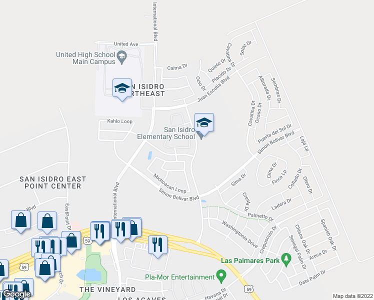 map of restaurants, bars, coffee shops, grocery stores, and more near 115 Coahuila Loop in Laredo