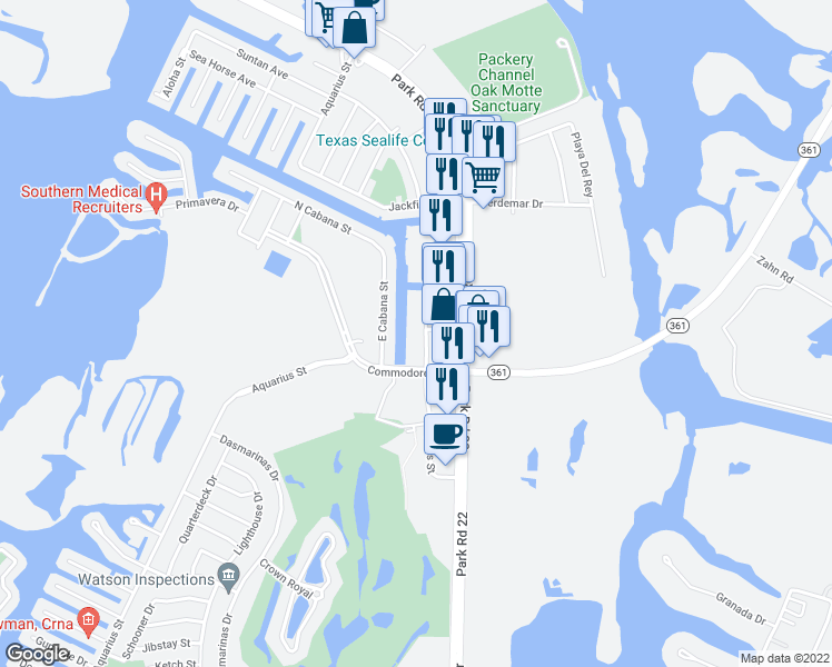map of restaurants, bars, coffee shops, grocery stores, and more near 14439 Compass Street in Corpus Christi