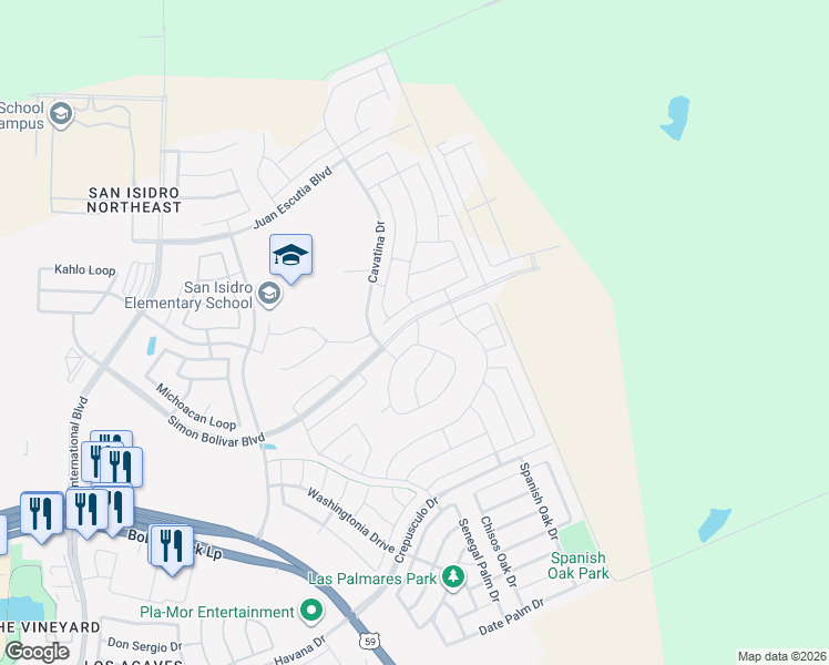 map of restaurants, bars, coffee shops, grocery stores, and more near 1419 Ocaso Drive in Laredo