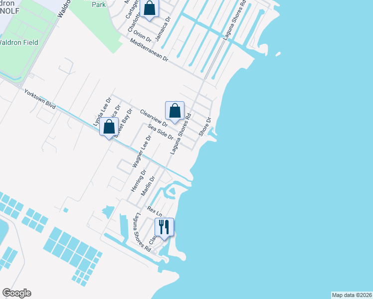 map of restaurants, bars, coffee shops, grocery stores, and more near 121 Sea Side Drive in Corpus Christi