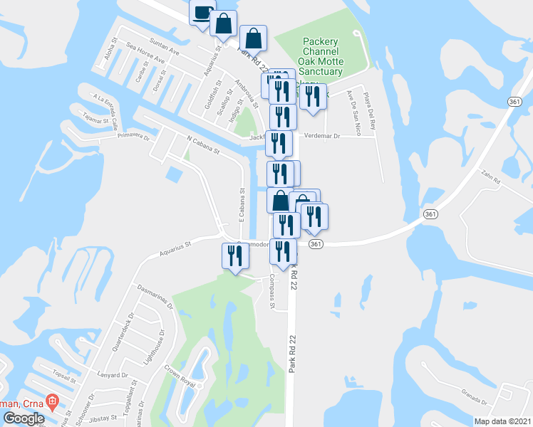 map of restaurants, bars, coffee shops, grocery stores, and more near 14439 Compass Street in Corpus Christi