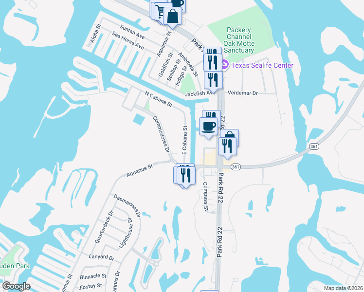 map of restaurants, bars, coffee shops, grocery stores, and more near 14445 E Cabana St in Corpus Christi