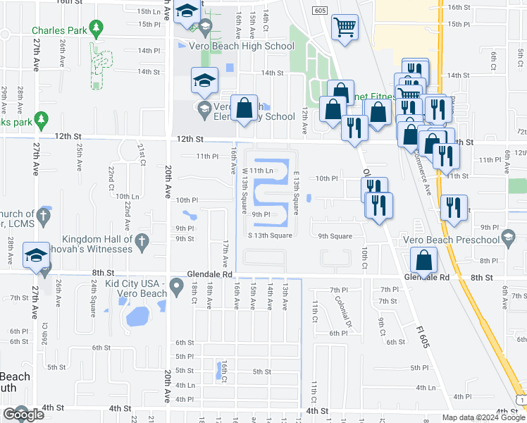 map of restaurants, bars, coffee shops, grocery stores, and more near 1460 9th Place in Vero Beach