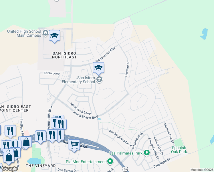 map of restaurants, bars, coffee shops, grocery stores, and more near Bucky Houdmann Boulevard in Laredo