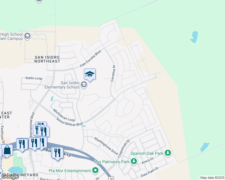 map of restaurants, bars, coffee shops, grocery stores, and more near 1402 Ocaso Drive in Laredo