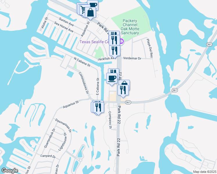 map of restaurants, bars, coffee shops, grocery stores, and more near 14439 Compass Street in Corpus Christi