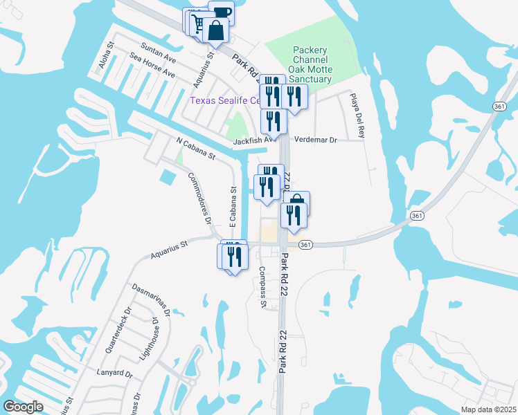 map of restaurants, bars, coffee shops, grocery stores, and more near 14439 Compass Street in Corpus Christi