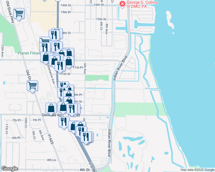 map of restaurants, bars, coffee shops, grocery stores, and more near 453 10th Place in Vero Beach