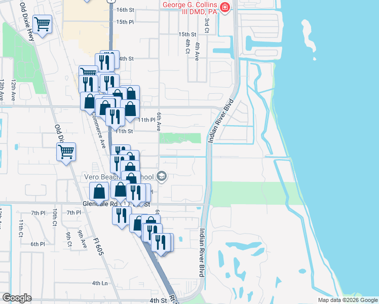 map of restaurants, bars, coffee shops, grocery stores, and more near 453 10th Place in Vero Beach