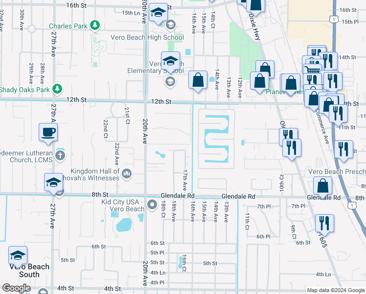 map of restaurants, bars, coffee shops, grocery stores, and more near 966 18th Avenue in Vero Beach