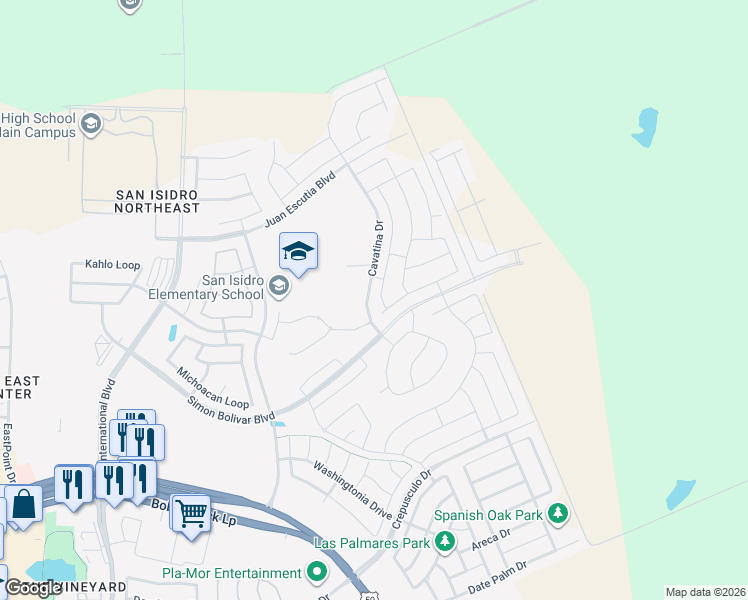 map of restaurants, bars, coffee shops, grocery stores, and more near 1402 Ocaso Drive in Laredo