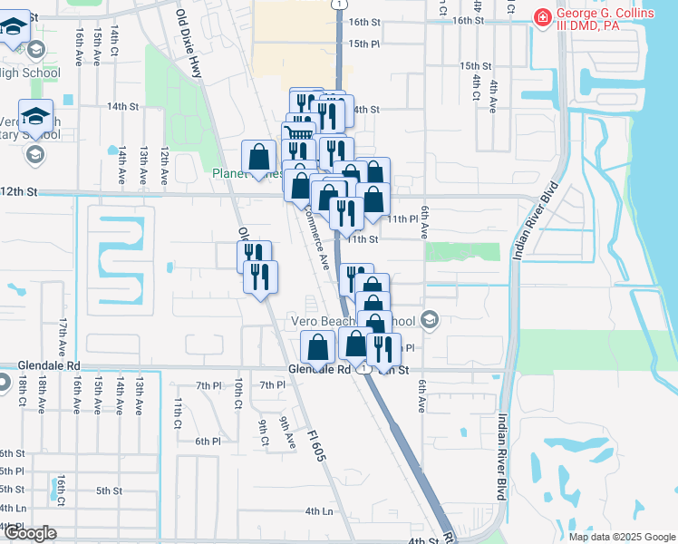 map of restaurants, bars, coffee shops, grocery stores, and more near U.S. Highway 1 in Vero Beach