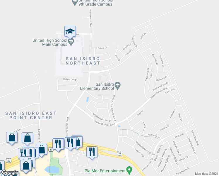 map of restaurants, bars, coffee shops, grocery stores, and more near 1307 Coahuila Loop in Laredo