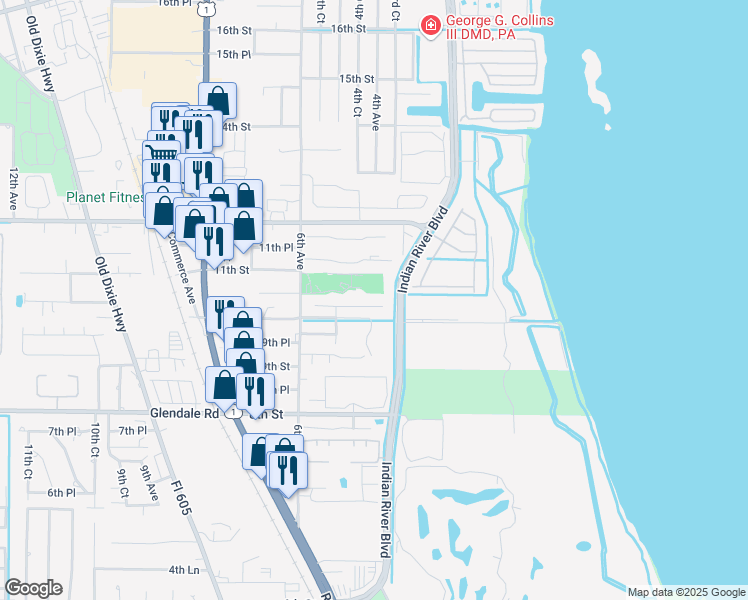 map of restaurants, bars, coffee shops, grocery stores, and more near 460 10th Place in Vero Beach