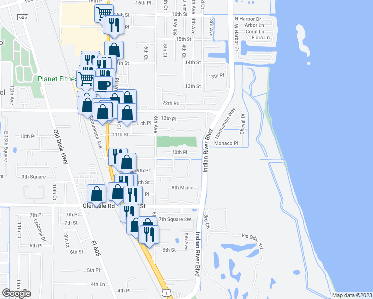 map of restaurants, bars, coffee shops, grocery stores, and more near 480 10th Place in Vero Beach