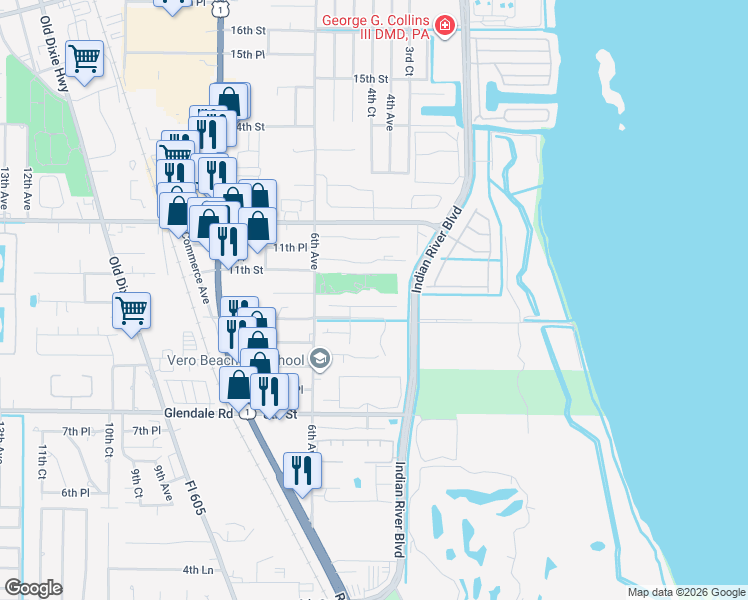 map of restaurants, bars, coffee shops, grocery stores, and more near 462 10th Place in Vero Beach