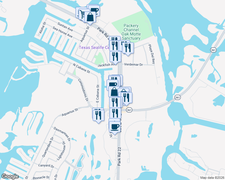 map of restaurants, bars, coffee shops, grocery stores, and more near 14428 Compass Street in Corpus Christi