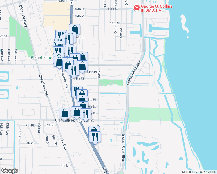 map of restaurants, bars, coffee shops, grocery stores, and more near 542 10th Place in Vero Beach