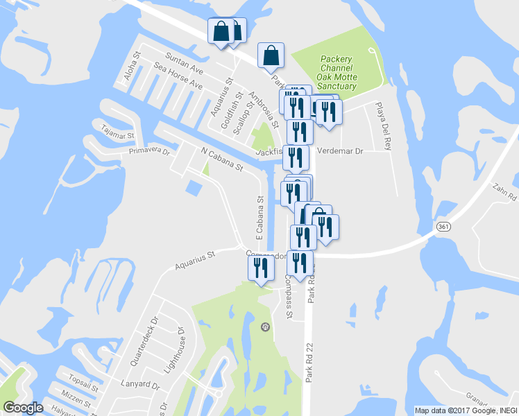 map of restaurants, bars, coffee shops, grocery stores, and more near 14417 East Cabana Street in Corpus Christi