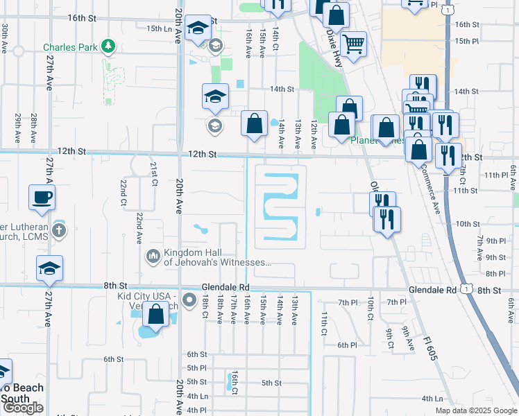 map of restaurants, bars, coffee shops, grocery stores, and more near 1107 West 13th Square in Vero Beach