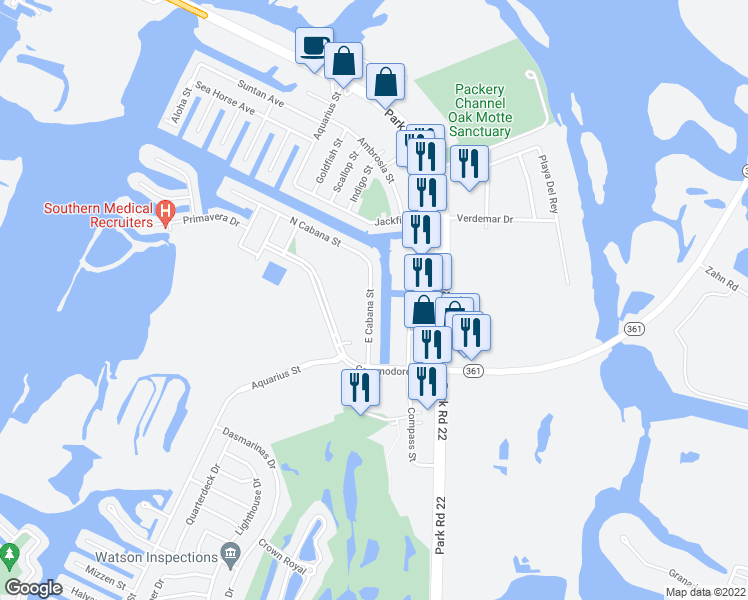 map of restaurants, bars, coffee shops, grocery stores, and more near 14434 East Cabana Street in Corpus Christi