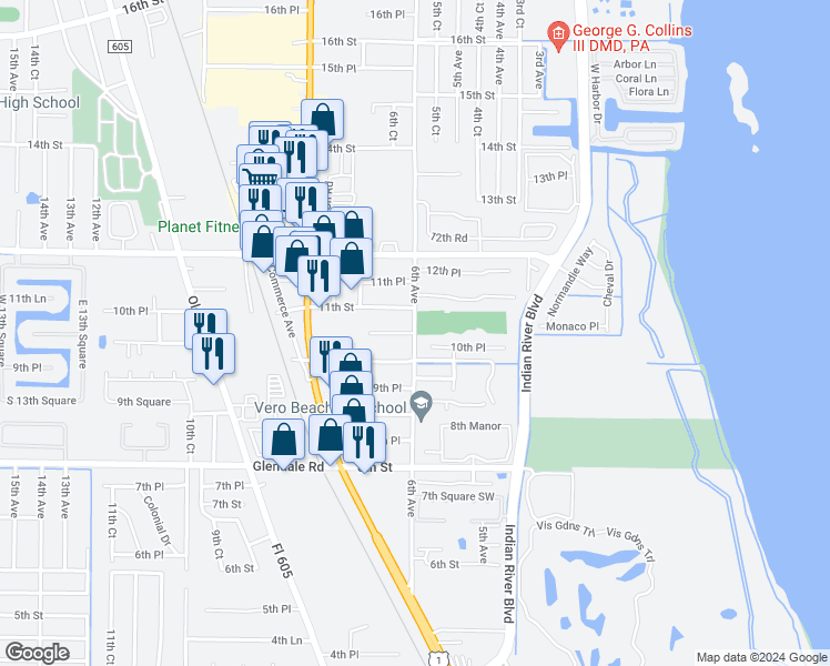 map of restaurants, bars, coffee shops, grocery stores, and more near 1048 6th Avenue in Vero Beach