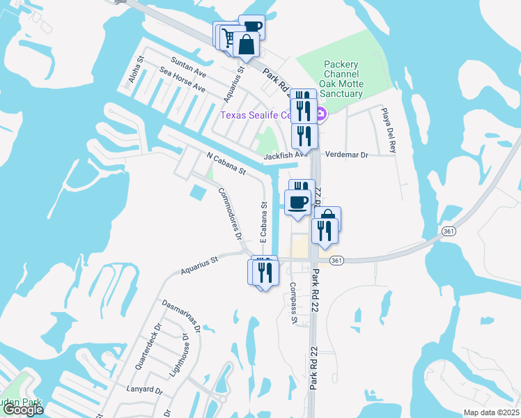 map of restaurants, bars, coffee shops, grocery stores, and more near 14417 East Cabana Street in Corpus Christi