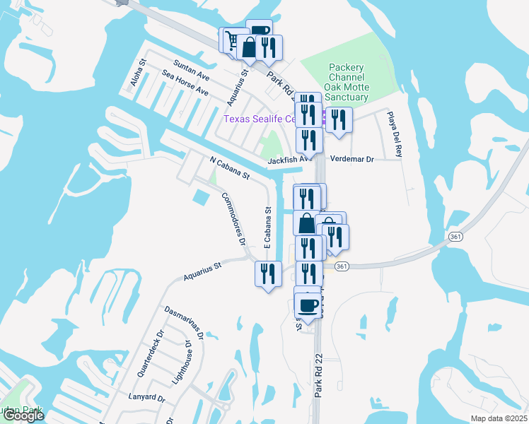 map of restaurants, bars, coffee shops, grocery stores, and more near 14417 East Cabana Street in Corpus Christi