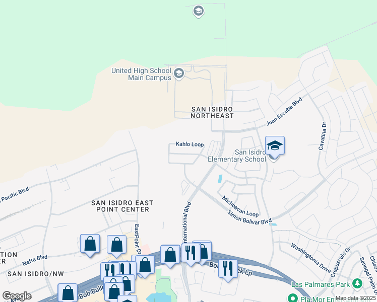 map of restaurants, bars, coffee shops, grocery stores, and more near 110 Veracruz Drive in Laredo