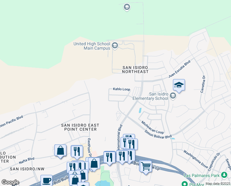 map of restaurants, bars, coffee shops, grocery stores, and more near 110 Veracruz Drive in Laredo