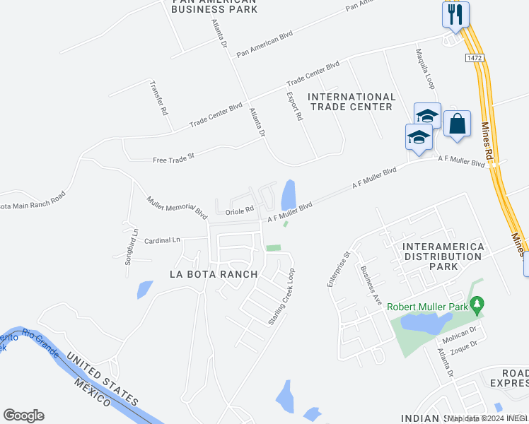map of restaurants, bars, coffee shops, grocery stores, and more near 304 Cinnamon Teal Loop in Laredo