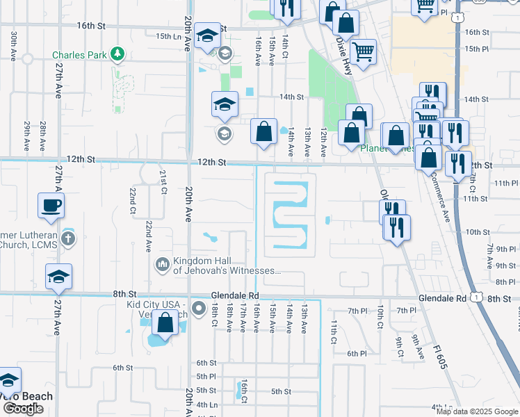 map of restaurants, bars, coffee shops, grocery stores, and more near 1107 West 13th Square in Vero Beach
