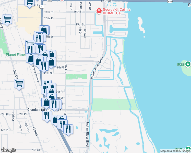 map of restaurants, bars, coffee shops, grocery stores, and more near 1041 Normandie Way in Vero Beach