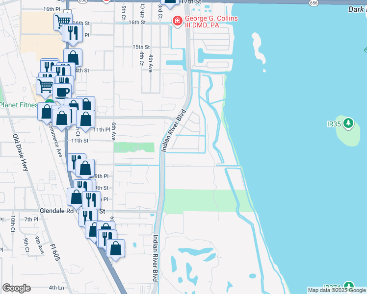 map of restaurants, bars, coffee shops, grocery stores, and more near 302 Monaco Place in Vero Beach