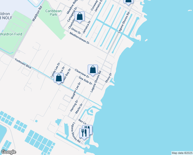 map of restaurants, bars, coffee shops, grocery stores, and more near 3702 Laguna Shores Road in Corpus Christi