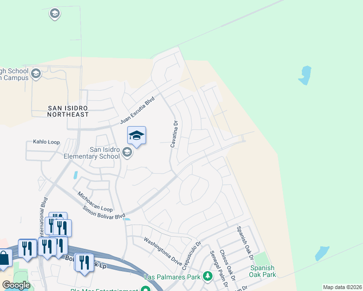 map of restaurants, bars, coffee shops, grocery stores, and more near 1419 Ocaso Drive in Laredo