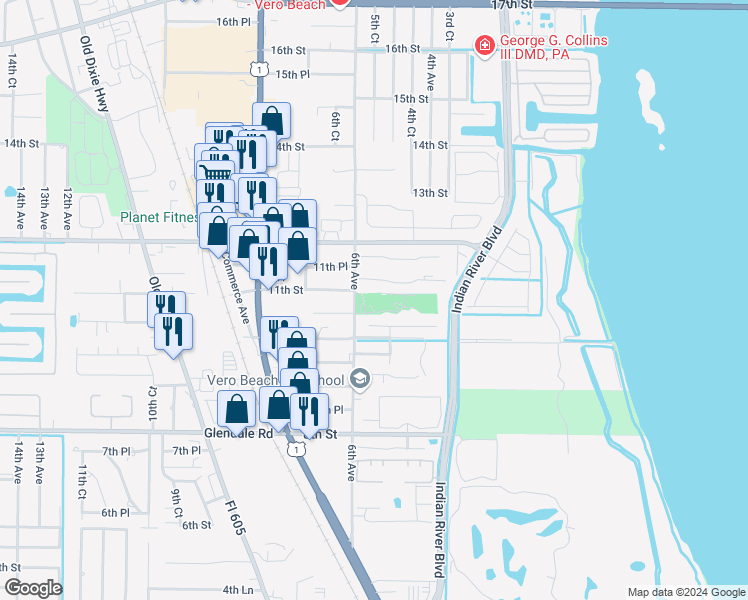 map of restaurants, bars, coffee shops, grocery stores, and more near 1060 6th Avenue in Vero Beach