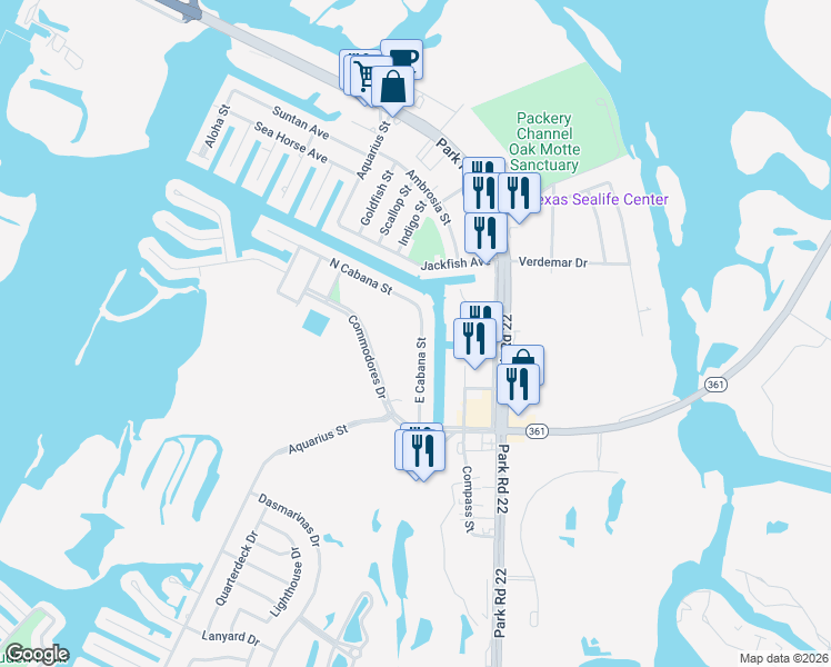map of restaurants, bars, coffee shops, grocery stores, and more near 14417 East Cabana Street in Corpus Christi