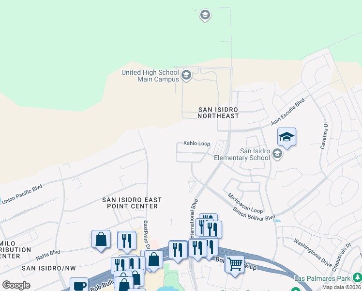 map of restaurants, bars, coffee shops, grocery stores, and more near 110 Veracruz Drive in Laredo