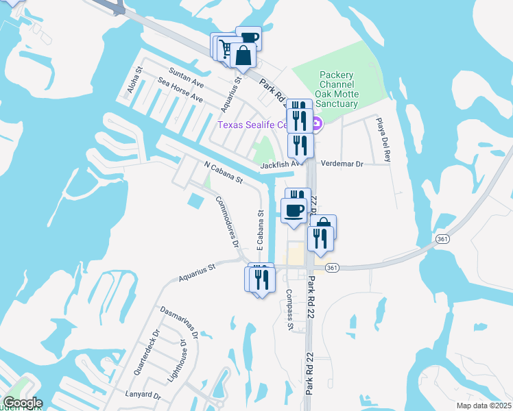 map of restaurants, bars, coffee shops, grocery stores, and more near 14417 East Cabana Street in Corpus Christi