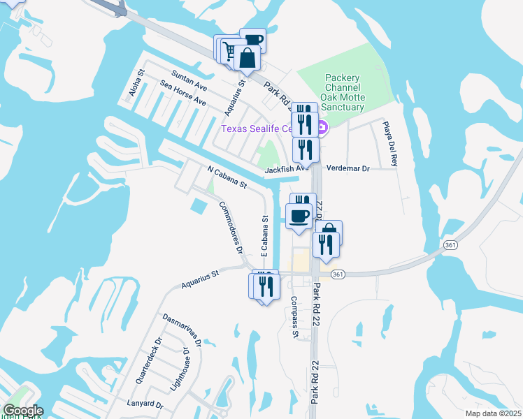 map of restaurants, bars, coffee shops, grocery stores, and more near 14417 East Cabana Street in Corpus Christi