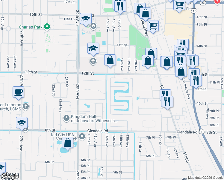 map of restaurants, bars, coffee shops, grocery stores, and more near 1107 West 13th Square in Vero Beach
