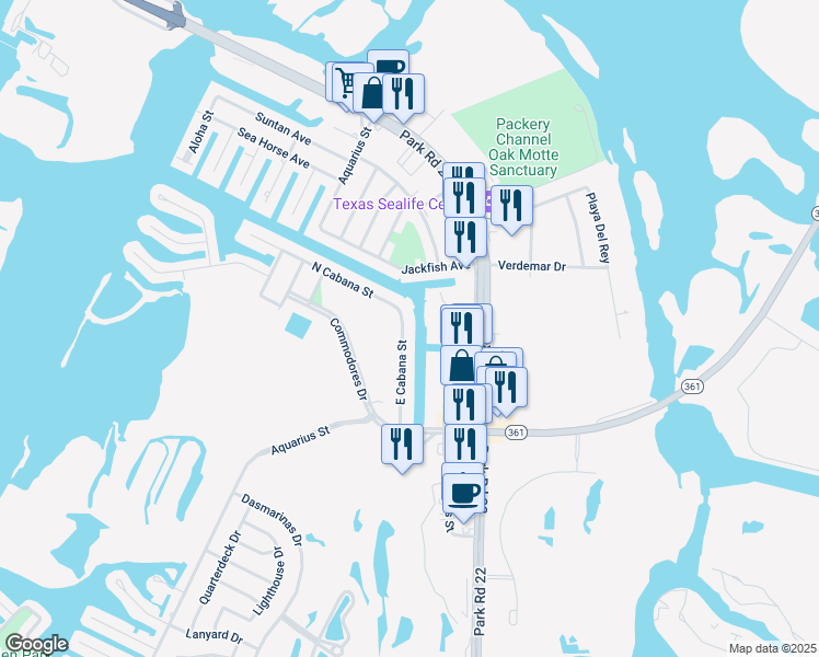 map of restaurants, bars, coffee shops, grocery stores, and more near 14418 East Cabana Street in Corpus Christi