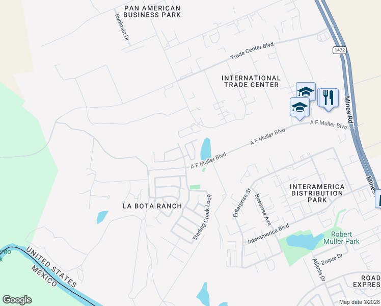 map of restaurants, bars, coffee shops, grocery stores, and more near 407 Cinnamon Teal Loop in Laredo