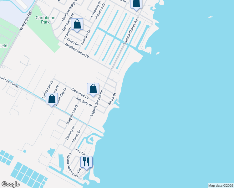 map of restaurants, bars, coffee shops, grocery stores, and more near 3621 Shore Drive in Corpus Christi