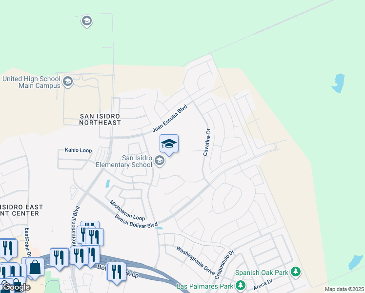 map of restaurants, bars, coffee shops, grocery stores, and more near Bucky Houdmann Boulevard in Laredo