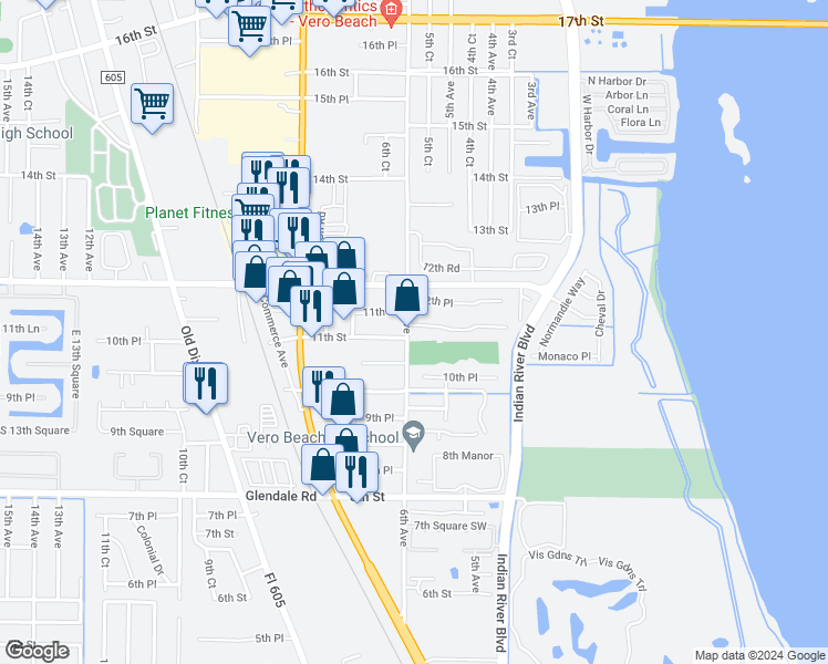 map of restaurants, bars, coffee shops, grocery stores, and more near 1060 6th Avenue in Vero Beach