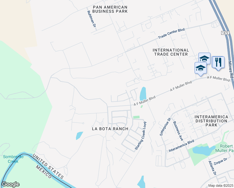 map of restaurants, bars, coffee shops, grocery stores, and more near 210 Green Jay Lane in Laredo
