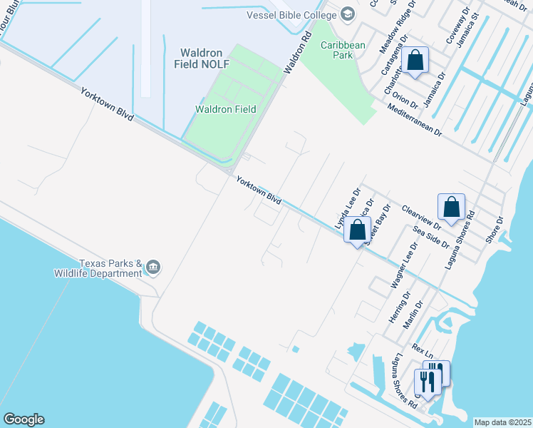 map of restaurants, bars, coffee shops, grocery stores, and more near 557 Yorktown Boulevard in Corpus Christi