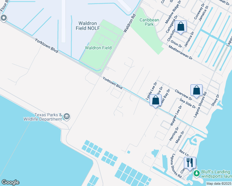 map of restaurants, bars, coffee shops, grocery stores, and more near 557 Yorktown Boulevard in Corpus Christi